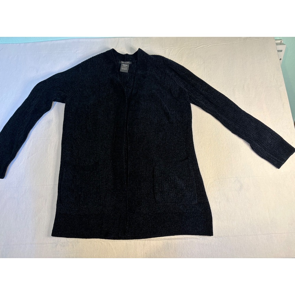 Matty M Navy Blue Chenille Open Front Cardigan Sweater Pockets Medium 1414
